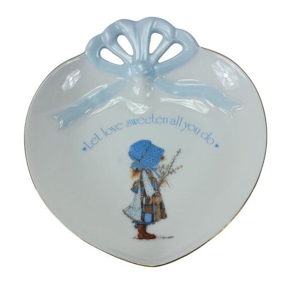 Holly Hobbie Blue Girl Heart Porcelain Trinket Dish Plate Vintage - Picture 1 of 4